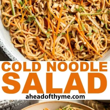 Delicious Asian cold noodle salad topped with fresh vegetables and sesame dressing.
