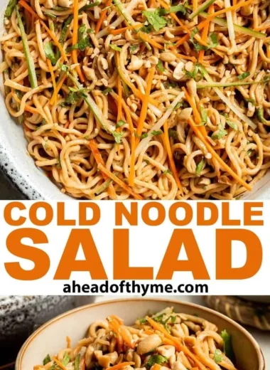 Delicious Asian cold noodle salad topped with fresh vegetables and sesame dressing.