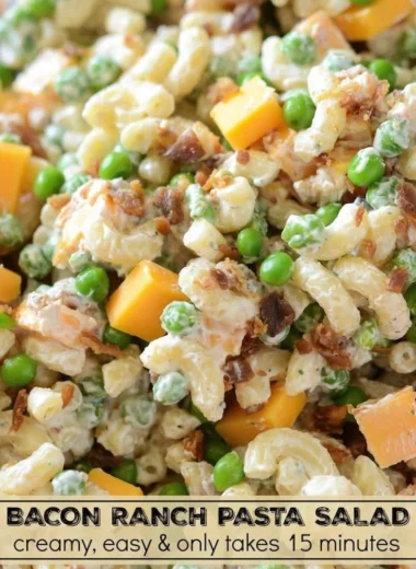 Bacon Ranch Pasta Salad in a bowl, garnished with parsley