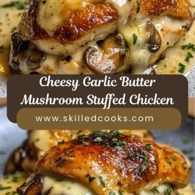 Cheesy Garlic Butter Mushroom Stuffed Chicken plated with herbs and extra cheese