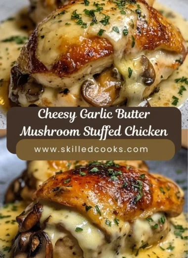 Cheesy Garlic Butter Mushroom Stuffed Chicken plated with herbs and extra cheese