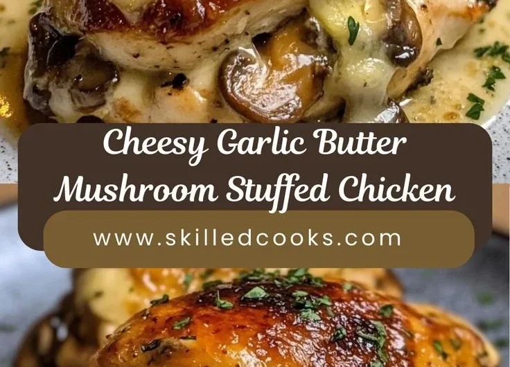 Cheesy Garlic Butter Mushroom Stuffed Chicken plated with herbs and extra cheese