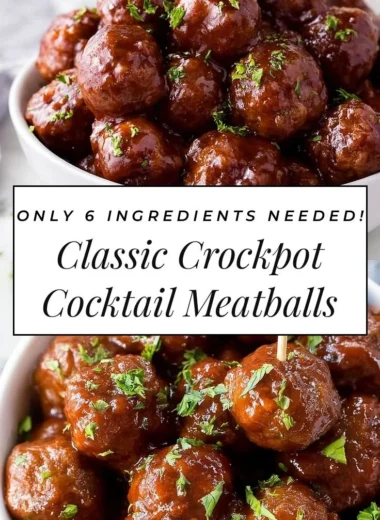 Classic Crockpot Cocktail Meatballs in a savory sauce ready for serving