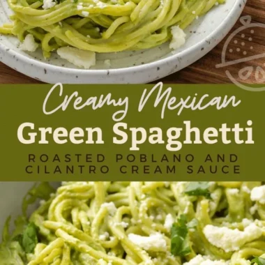 Creamy Mexican green spaghetti topped with fresh herbs and cheese