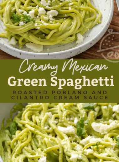Creamy Mexican green spaghetti topped with fresh herbs and cheese