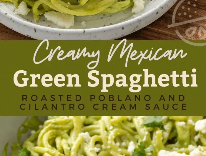 Creamy Mexican green spaghetti topped with fresh herbs and cheese