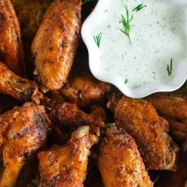 Crispy baked chicken wings on a plate with dipping sauce