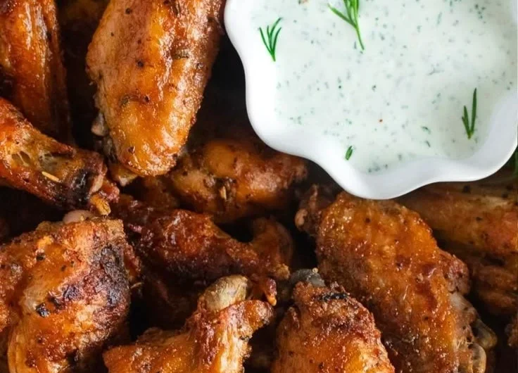 Crispy baked chicken wings on a plate with dipping sauce