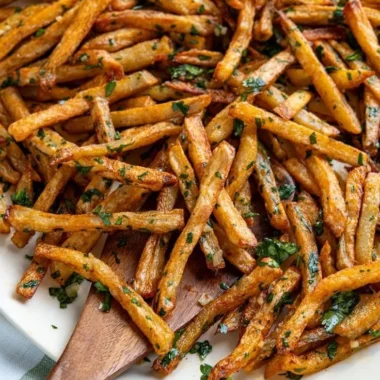Delicious Garlic Cilantro Fries garnished with fresh herbs and spices.