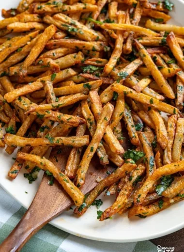 Delicious Garlic Cilantro Fries garnished with fresh herbs and spices.