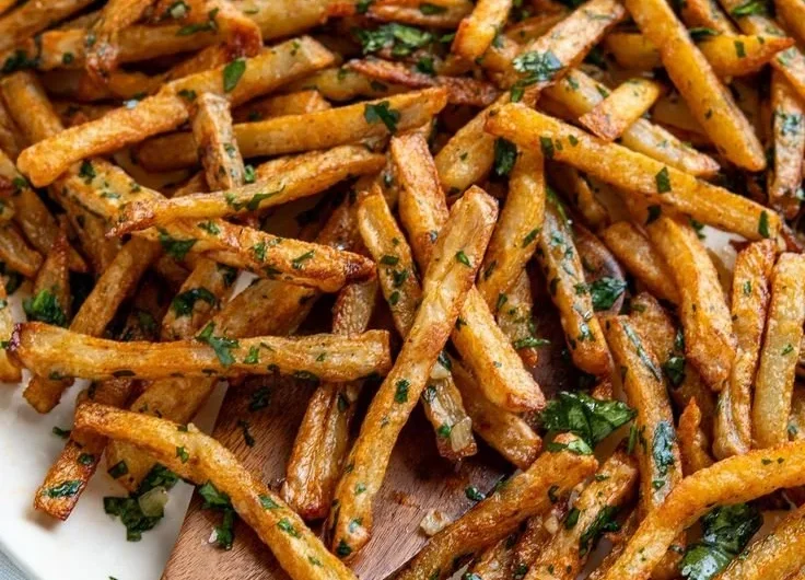 Delicious Garlic Cilantro Fries garnished with fresh herbs and spices.