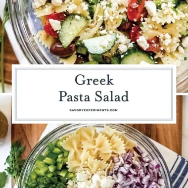 Bowl of colorful Greek Pasta Salad with feta cheese and olives