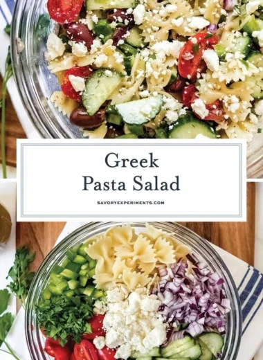 Bowl of colorful Greek Pasta Salad with feta cheese and olives