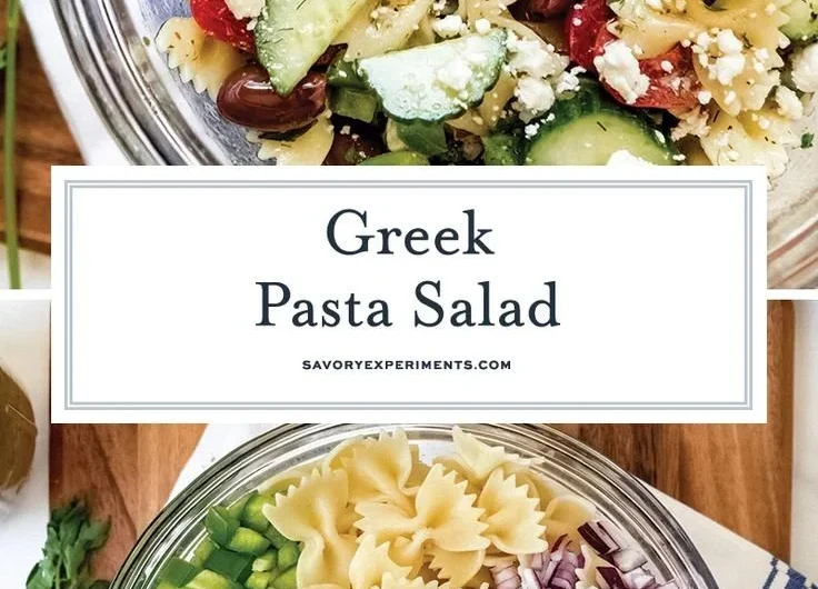 Bowl of colorful Greek Pasta Salad with feta cheese and olives