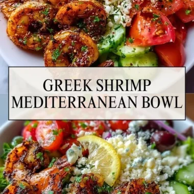 Greek Shrimp Mediterranean Bowl featuring fresh shrimp, veggies, and grains.