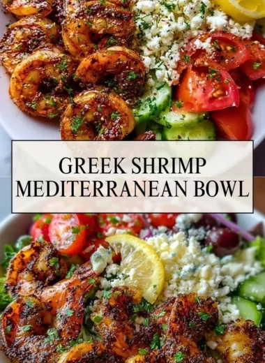 Greek Shrimp Mediterranean Bowl featuring fresh shrimp, veggies, and grains.
