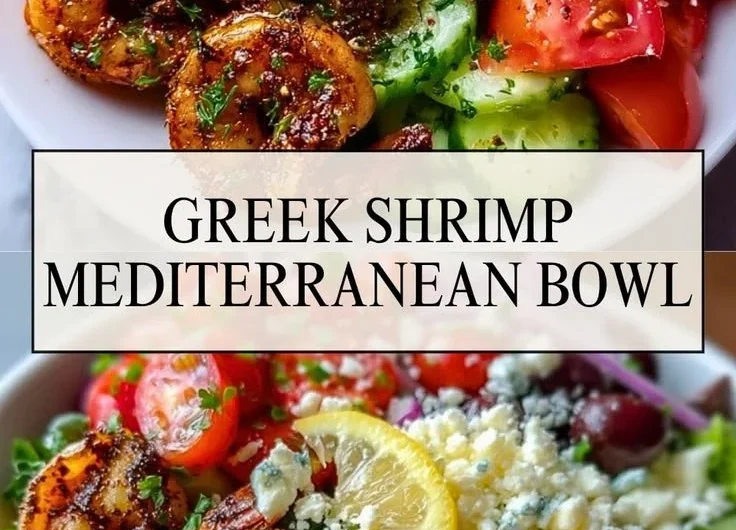 Greek Shrimp Mediterranean Bowl featuring fresh shrimp, veggies, and grains.
