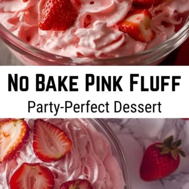 Light and creamy pink fluff dessert topped with fluffy whipped cream and cherries.