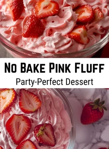 Light and creamy pink fluff dessert topped with fluffy whipped cream and cherries.