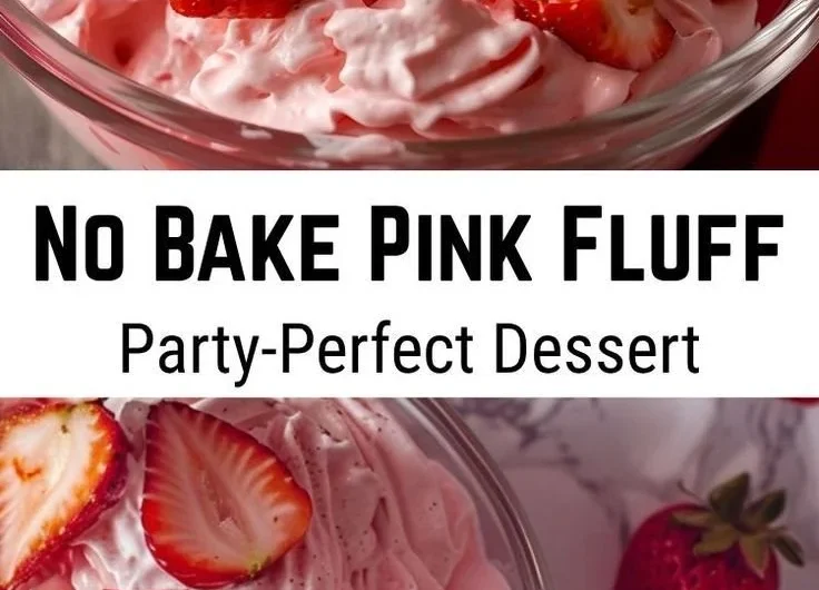 Light and creamy pink fluff dessert topped with fluffy whipped cream and cherries.