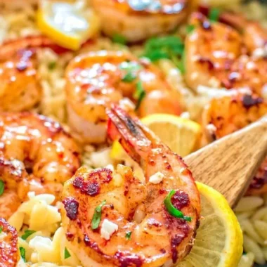 One pot orzo with shrimp and feta served in a bowl