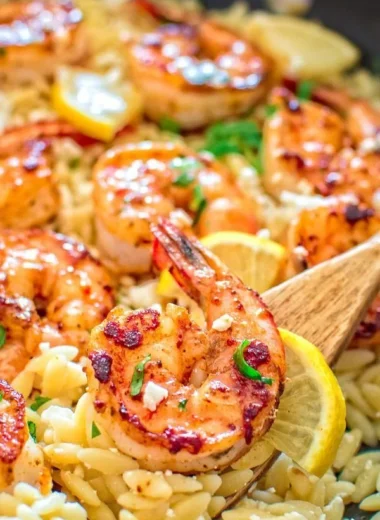 One pot orzo with shrimp and feta served in a bowl