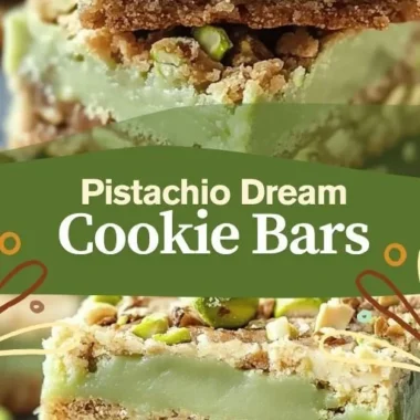Deliciously chewy Pistachio Dream Cookie Bars with a sprinkle of pistachios on top.