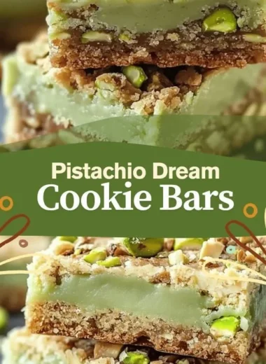 Deliciously chewy Pistachio Dream Cookie Bars with a sprinkle of pistachios on top.
