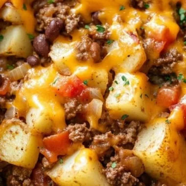 Delicious slow cooker cowboy casserole served in a rustic dish.