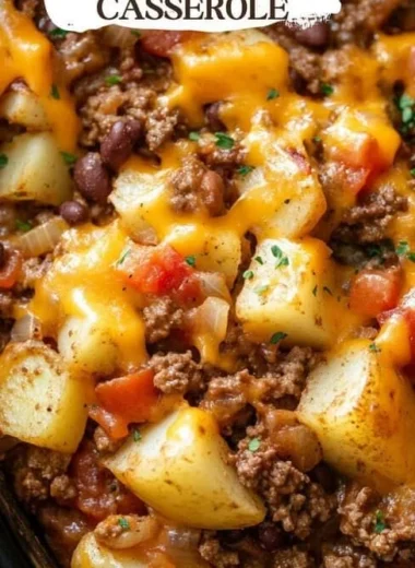 Delicious slow cooker cowboy casserole served in a rustic dish.