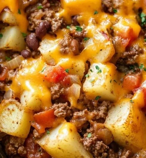 Delicious slow cooker cowboy casserole served in a rustic dish.