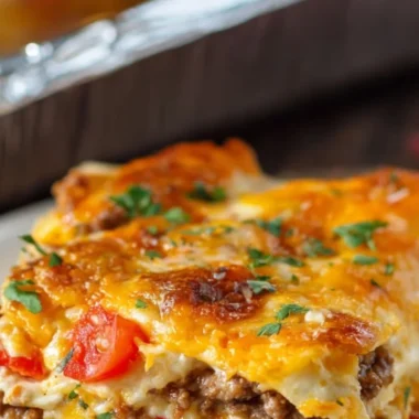 A mouthwatering serving of Taco Lasagna with layers of beef, cheese, and taco flavors.