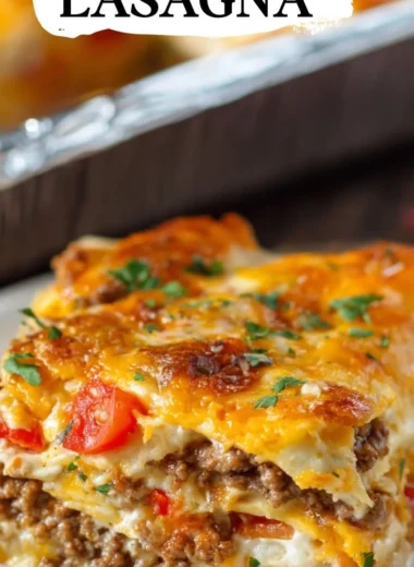 A mouthwatering serving of Taco Lasagna with layers of beef, cheese, and taco flavors.