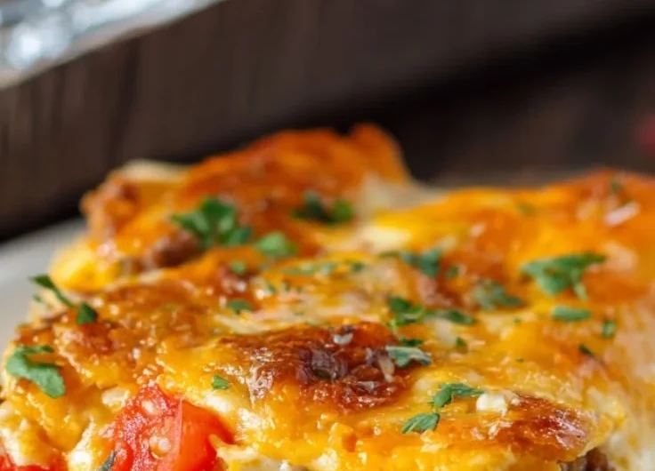 A mouthwatering serving of Taco Lasagna with layers of beef, cheese, and taco flavors.