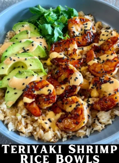 Delicious teriyaki shrimp rice bowl with vegetables and sauce