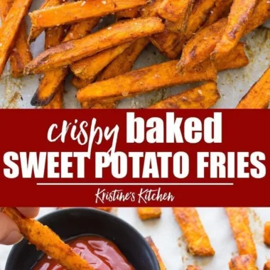 Crispy baked sweet potato fries served on a plate with dipping sauce