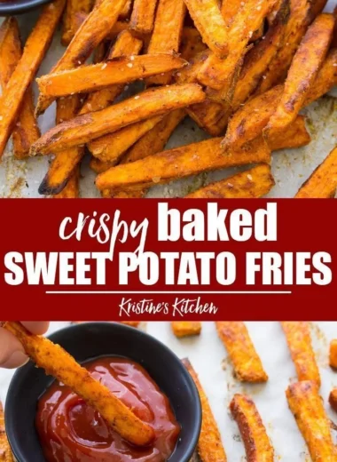 Crispy baked sweet potato fries served on a plate with dipping sauce