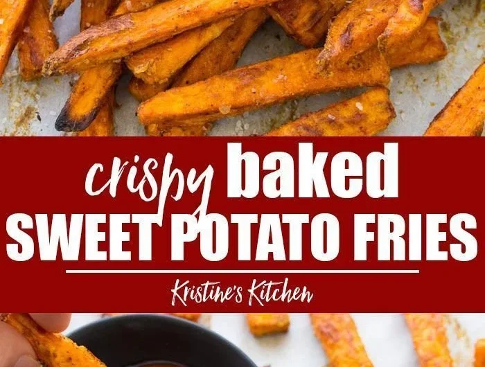 Crispy baked sweet potato fries served on a plate with dipping sauce