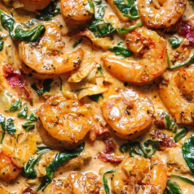 Delicious Tuscan Shrimp with Spinach served on a plate, garnished with herbs.