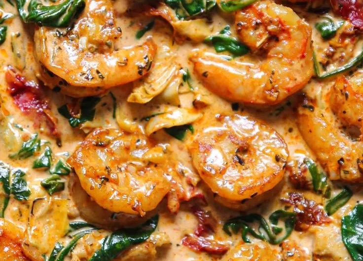 Delicious Tuscan Shrimp with Spinach served on a plate, garnished with herbs.