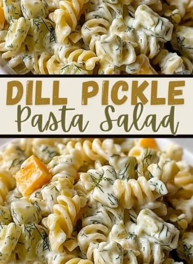 Zesty dill pickle pasta salad in a bowl, perfect for summer gatherings.