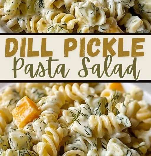 Zesty dill pickle pasta salad in a bowl, perfect for summer gatherings.