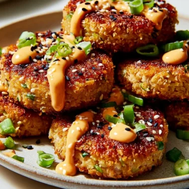 Asian Tuna Cakes served with dipping sauce and garnished with green onions