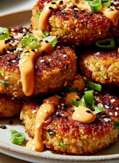 Asian Tuna Cakes served with dipping sauce and garnished with green onions