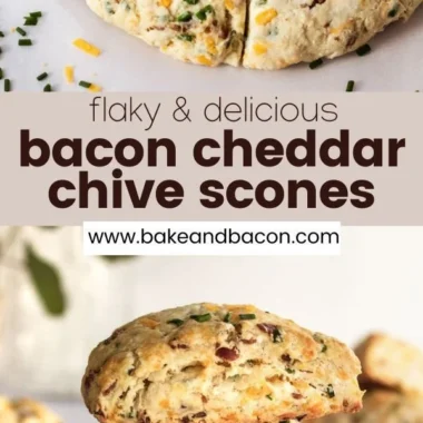 Freshly baked Bacon Cheddar Chive Scones on a rustic wooden table
