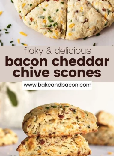 Freshly baked Bacon Cheddar Chive Scones on a rustic wooden table