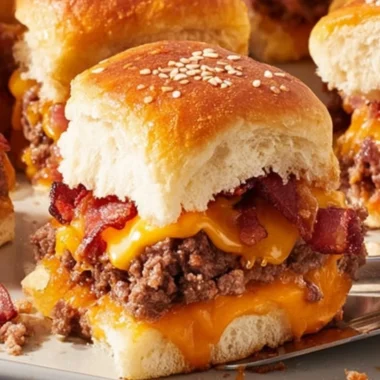 Delicious Bacon Cheeseburger Slider Bake topped with melted cheese and bacon