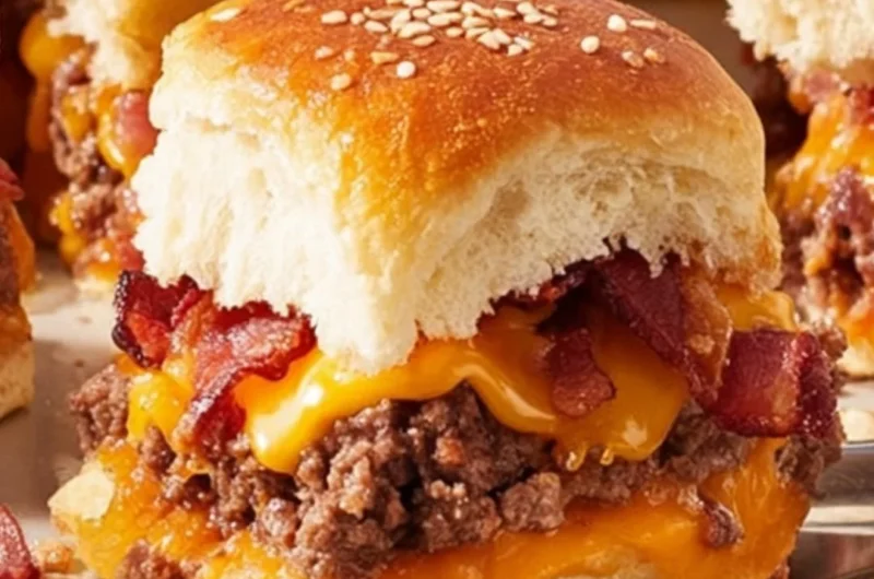 Delicious Bacon Cheeseburger Slider Bake topped with melted cheese and bacon