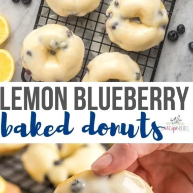 Baked lemon blueberry donuts topped with glaze and fresh blueberries