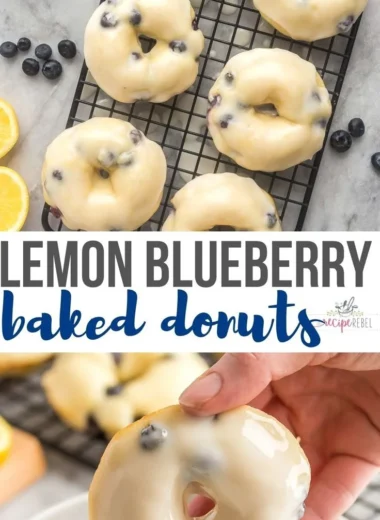 Baked lemon blueberry donuts topped with glaze and fresh blueberries